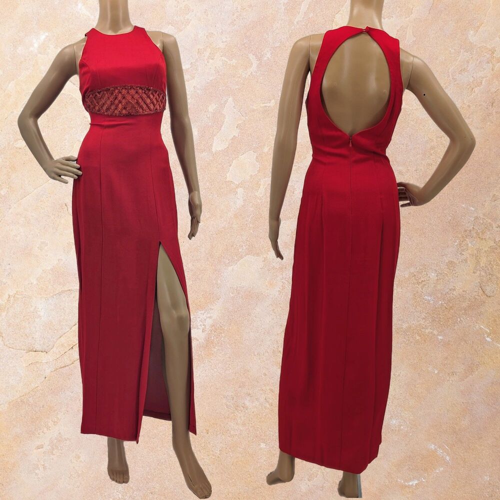 Vintage 1990s Faviana Prom Gown Red Maxi Dress Beaded Siren Pageant Size 3